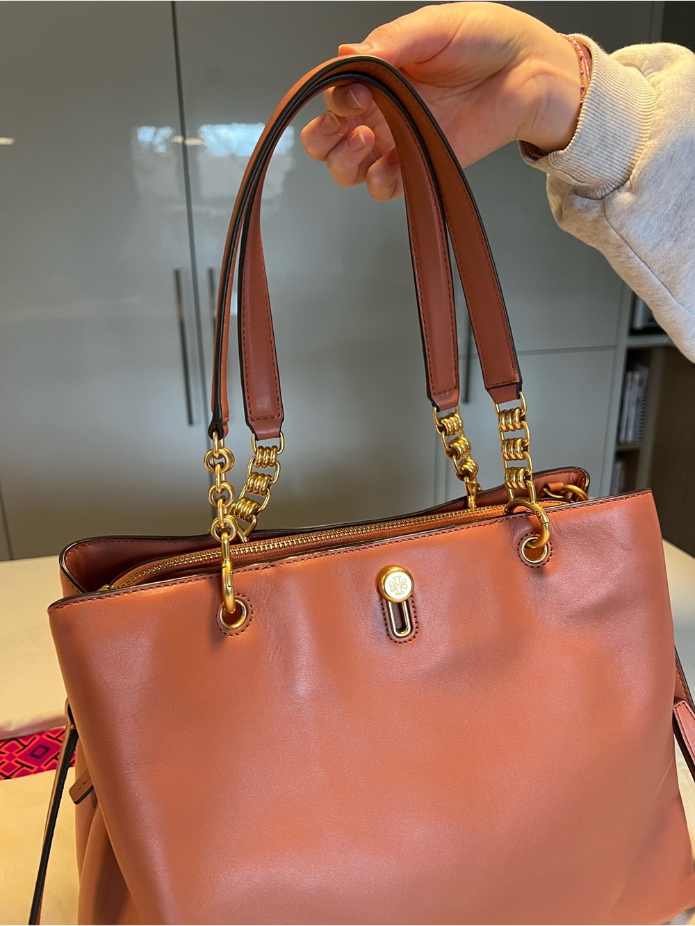 Tory Burch Saddle Brown/Pink Leather Tote with Gold Hardware